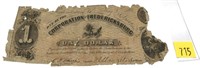 Obsolete 1861 $1 note, Fredericksburg, VA