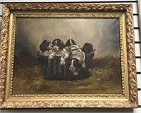 Original oil of a group of five beagle puppies in