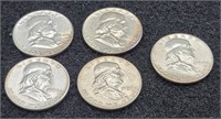 (5) 1950 Franklin 90% Silver Half Dollars