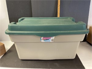 Large Rubbermaid tote with hinged lid