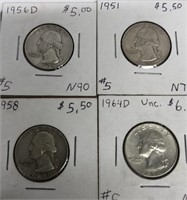 (4) Silver Quarters 1956-D, 1951, 1958, 1964-D