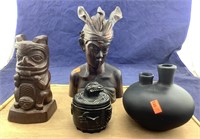 4 Various Carved Wood & Pottery Pieces