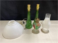 Green Glass Lamps, kerosene & ceiling cover