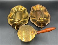 Vtg Brass Bed Warmer & 2 Vtg Brass Candle Holders