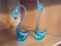 2 Blue Swan Glass Figures