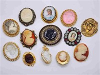 13pc Estate Lot of Cameo Pins & Brooches