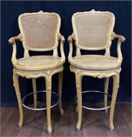 Pair Vintage French Country Cane Swivel Barstools