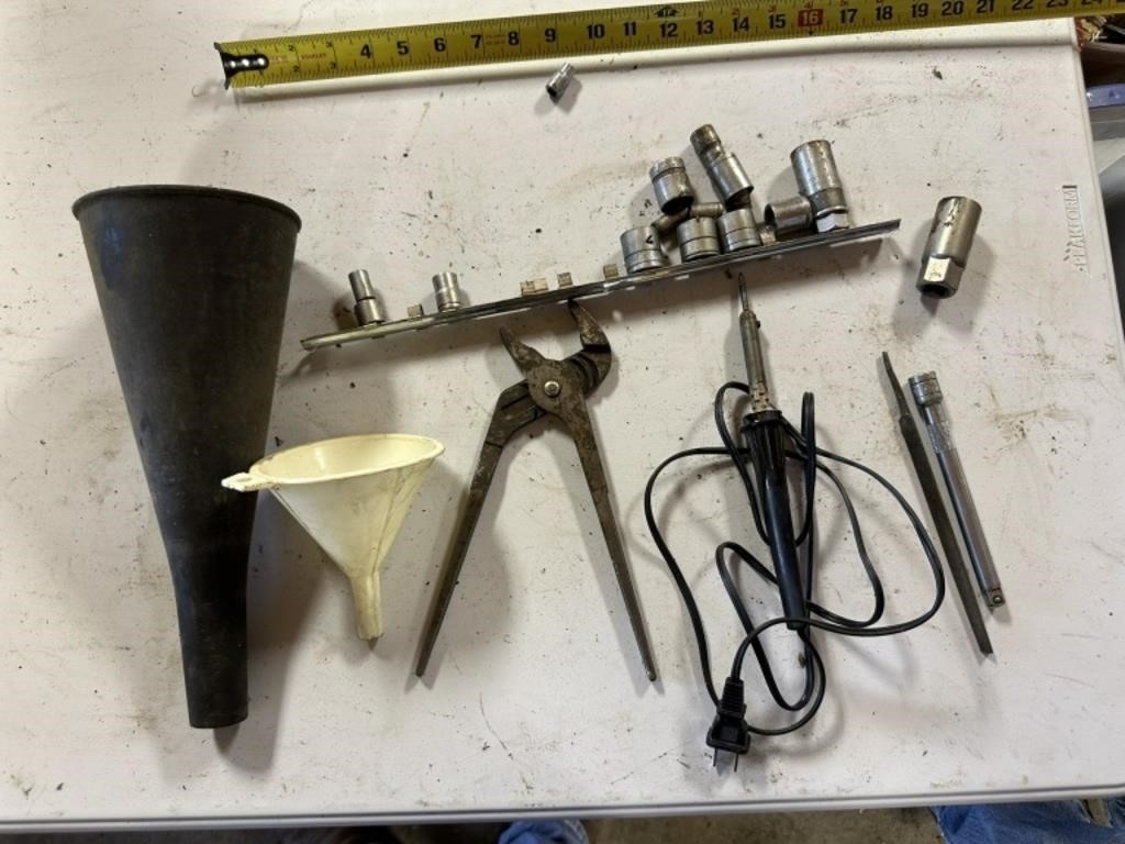 funnels, locking pliers, soldering iron...