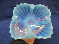 old blue opalescent square ruffled dish