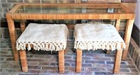 Wicker Wrapped Table & Two Stools
