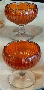 (2) Iridescent Amber with Clear Stem Sherbet Bowls