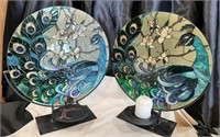 (2) Peacock Stained Glass Candle Holders