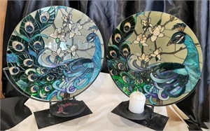 (2) Peacock Stained Glass Candle Holders