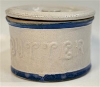 GOOD EMBOSSED STONEWARE COVERED BUTTER DISH