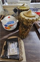 DECORATED BOX, COOKIE JAR, CANDLE STICK LOT