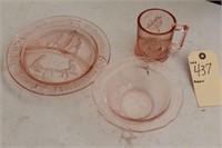 Antique pink depression glass nursery rhyme dishes