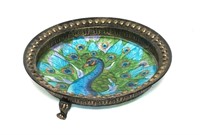 Art Glass Peacock Plate in Metal Footed Stand