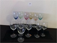 12 Wine Glasses, 6 Various Colored, 6 Cleared