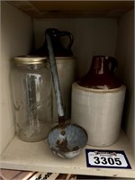 Antique Crocks Jugs(2), enamel scoop, glass jar