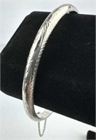 925 Silver Engraved Bangle Bracelet w/ Chain