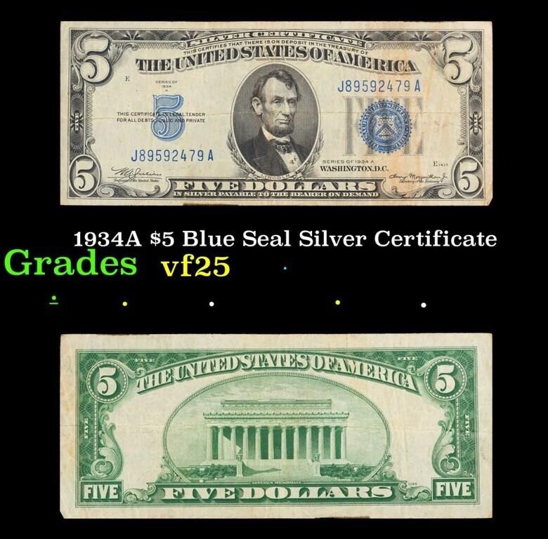 1934A $5 Blue Seal Silver Certificate Grades vf+