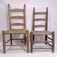 2 ladder back chairs, ball tops, oak splint seats,