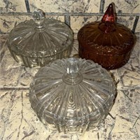 Amber glass candy dish, 2 crystal candy dishes