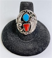 Sterling Turquoise/Coral Native Ring 7 Gr Size 8