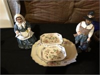 China Platter and 2 Pilgrim Figurines