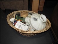 WICKER BASKET WITH HOUSEHOLD ITEMS