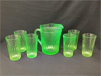 Green Depression Uranium Glass Pitcher, 8”T & (6)