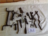 OLD TOOLS, HARNESS HOOK, WOOD CRATE,