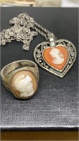 Cameo pendant necklace unmarked, ring marked 925