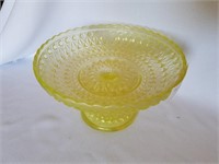 9" D Vaseline Glass Candy Dish-Diamond Pattern