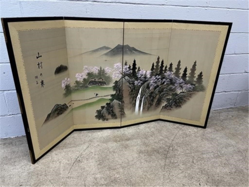 4-part Oriental Scene Painted Screen