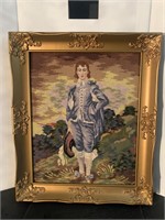 Needlepoint Blue Boy Art Piece in Gilt Gold Frame