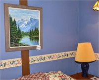 FRAMED MOUNTAIN OIL PAINTING W/ LAMP