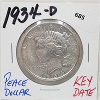 Key Date 1934-D 90% Silver Peace $1 Dollar