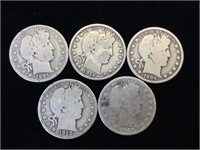 5- Silver Barber Half Dollars