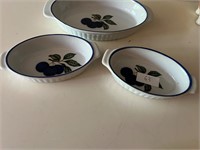 3 CLAY BLUEBERRY DISHES 12"X9"X9"