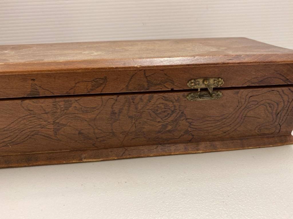 Vintage Wooden Storage Box with Floral Engraving