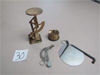 3 POSTAL SCALES, BRASS STAMP HOLDER