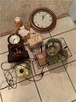 Vintage alarm clock, wall clock, snow globe