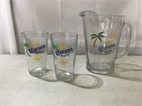 Corona heavy duty glass beer pitcher & 2 glasses