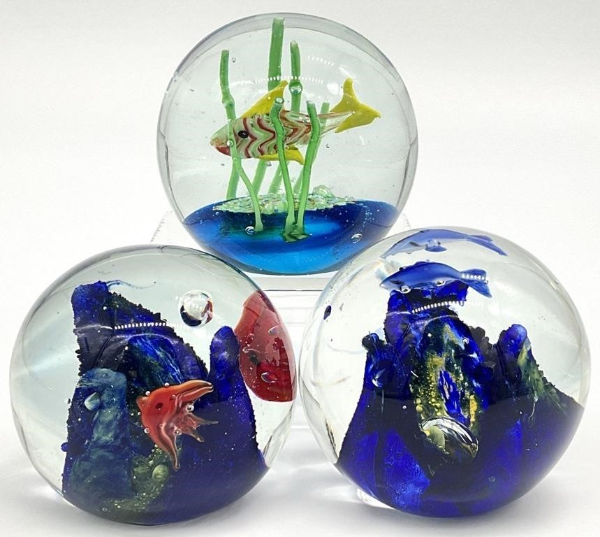 3 Art Glass Fish Paperweights
