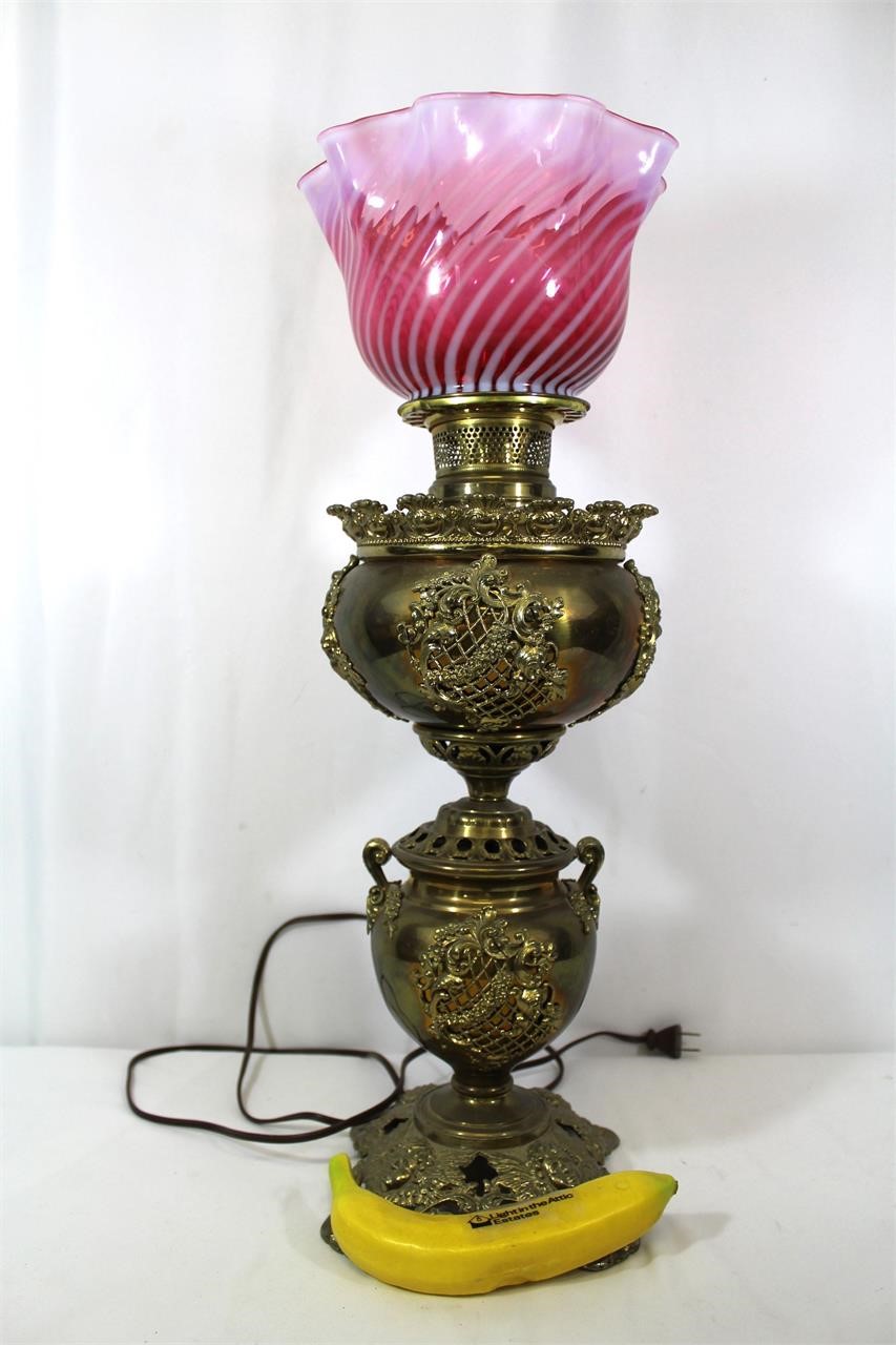 Victorian Opal Cranberry Swirl Brass Cherubs Lamp