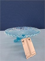 Palm And Scroll Blue Opalescent Glass Footed Bowl