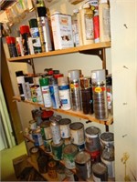 Contents of 4 shelves, stain, paint, etc.