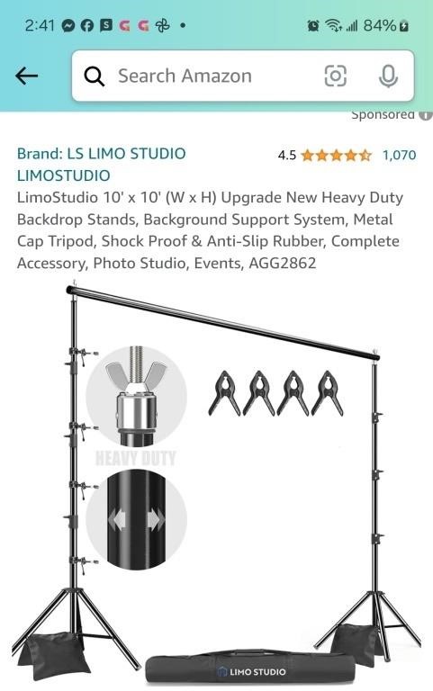 10' x 10' Heavy Duty Backdrop Stand, 4 Clamps &