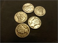 5pc US Silver Mercury Dimes